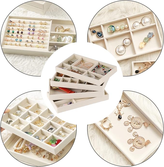 Velvet Jewelry Drawer Organizer Inserts, Set of 8 Stackable Trays with Removable Dividers, Earring and Ring Holder Display for Dresser, Storage Case for Necklace Bracelet Watch - Beige