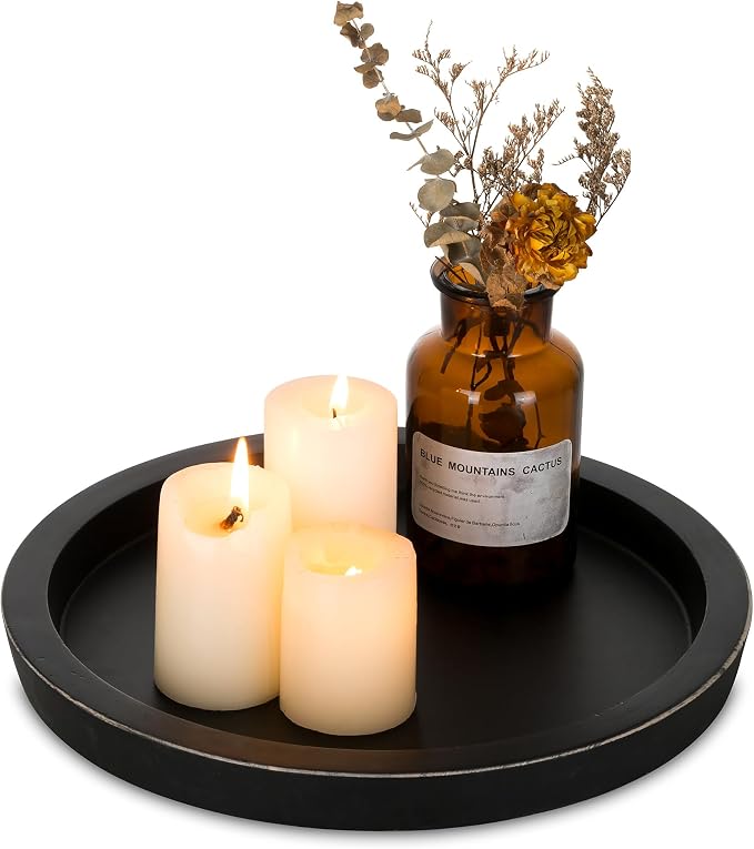 Hanobe Round Wood Candle Holder Tray, Black Coffee Table Centerpiece Decor | Rustic Decorative Candlestick Plates for Kitchen Counter, Farmhouse Living Room Decor