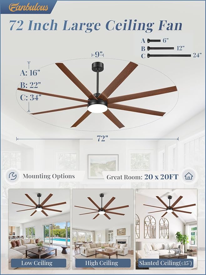Fanbulous 72 Inch Large Ceiling Fans with Lights, Black Ceiling Fan with Remote Control, Dimmable, 3CCT, Quiet, Modern Ceiling fan For Living Room, Bedroom, Kitchen, Patio, Outdoor
