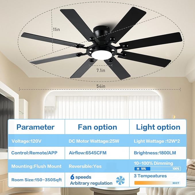 Ceiling Fans with Lights, 54 inch Low Profile Ceiling Fan with Light and Remote Control, Flush Mount Ceiling Fan for Bedroom, Living Room, Reversible, 3CCT, Dimmable, Noiseless DC Motor, Black