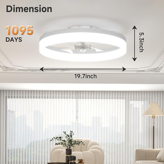 VOLISUN Low Profile Ceiling Fans with Lights and Remote, 19.7in Fandelier Ceiling Fan with Light, 3000K-6500K Dimmable Bladeless LED Fan Light, White Flush Mount Ceiling Fans with Lights for Bedroom