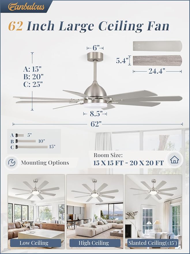 Fanbulous 62 Inch Ceiling Fans with Lights,Nickel Modern Ceiling Fan with Remote Large Farmhouse Indoor & Outdoor Ceiling Fan with 8 Dual Finish Blades, Quiet DC Motor, Bright LED Light