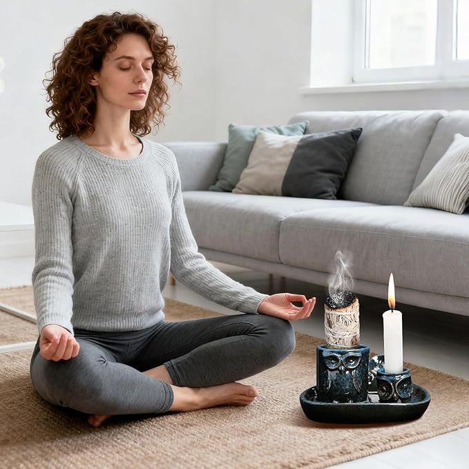 Comeon Palo Santo Holder, 4 in 1 Ceramic Owl Backflow Incense Burner Holder Candle Holder Sage Holder for Burning Bow(Blue)