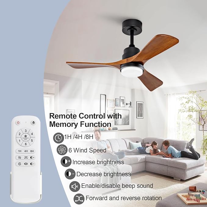 36 Inch Outdoor Ceiling Fans with Lights and Remote Control, Dimmable 3 Blades Wood Outdoor Ceiling Fans for Patios Black Walnut Wood Bedroom Ceiling Fan with Light, Wall Switch