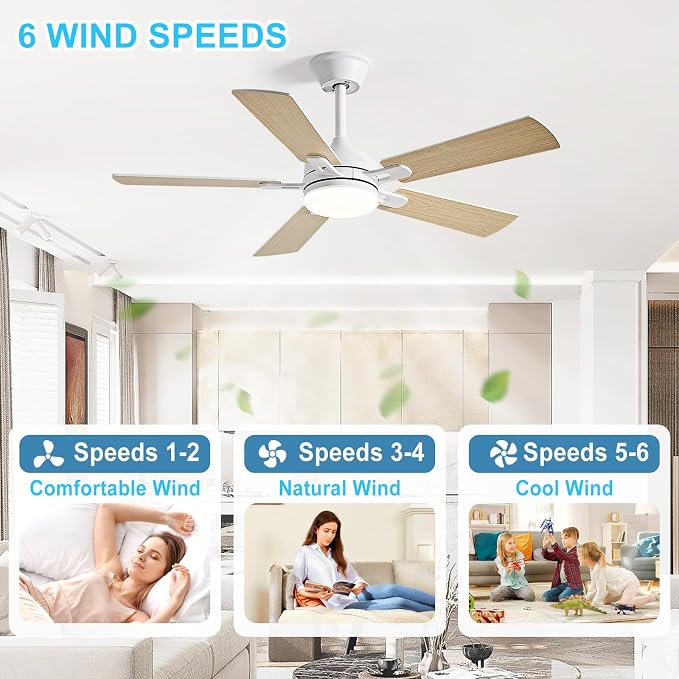 Depuley 42-inch Ceiling Fan with Light: White Ceiling Fan for Living Room Indoor Outdoor - Modern Ceiling Fan with Remote Control 3CCT Dimmable Noiseless 5 Reversible Wood Blades 6 Speeds Timer