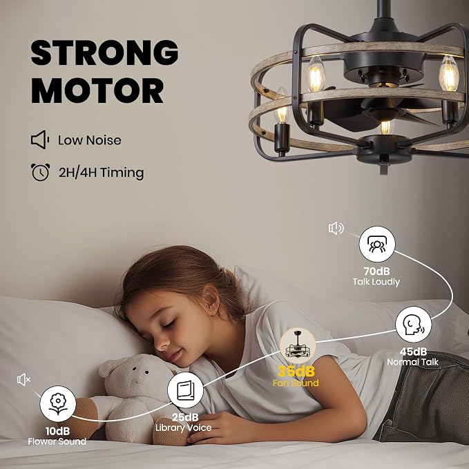 NOXARTE 20 Inch Caged Ceiling Fan with Light and Remote, Flush Mount Vintage Farmhouse Fandelier 6 Speeds Reverse Motor Rustic Bladeless Ceiling Fan for Bedroom Living Room Dining Room