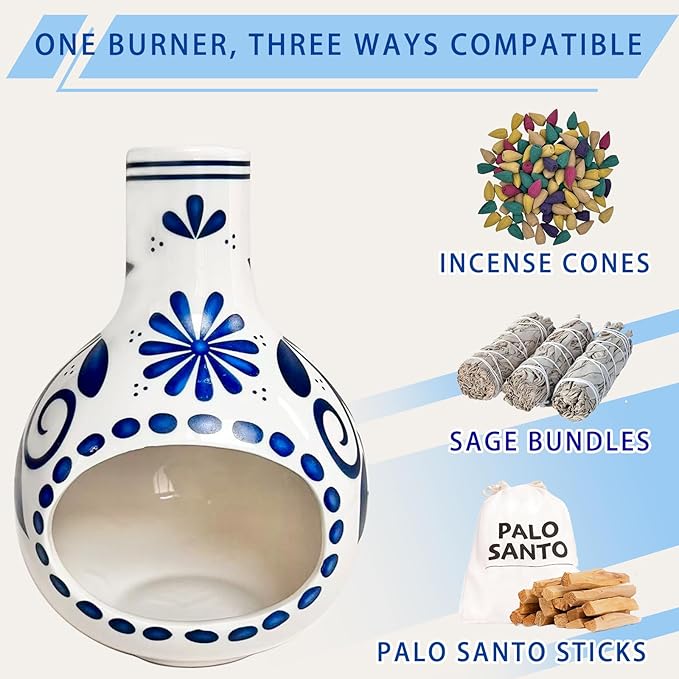 Ceramic Incense Holder Palo Santo Holder Handcrafted Dual-Use for Sage Sticks Cones Incense Burner for Yoga Meditation Aromatherapy Healing Home Decor Blue and White Porcelain (Style A)