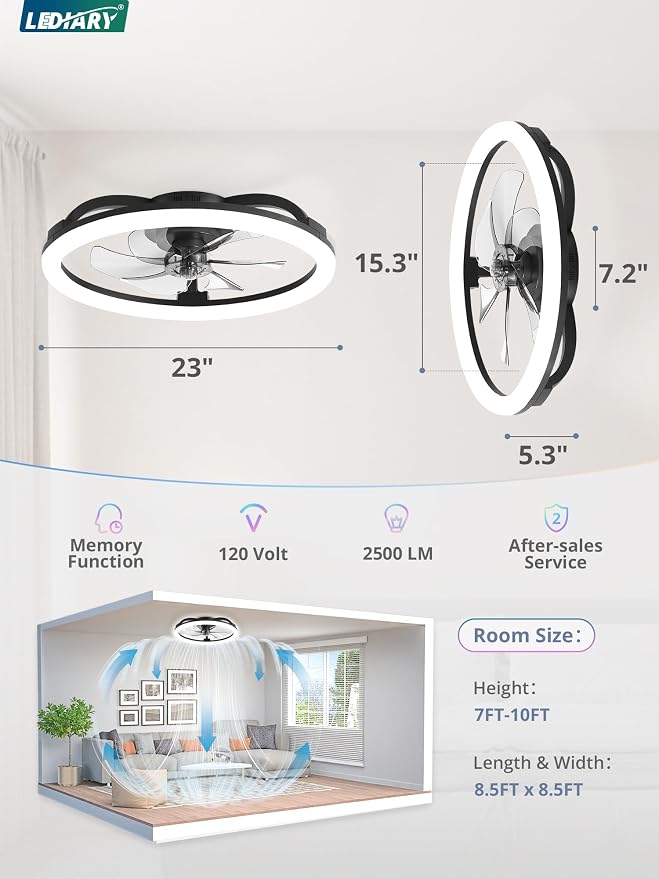 LEDIARY RGB 23" Ceiling Fans with Lights and Remote for Bedroom, Black | Low Profile Flush Mount Fan Light, Dimmable Modern Ceiling Fan(3000K-6000K), 6 Speed, Reversible, APP & Remote Control