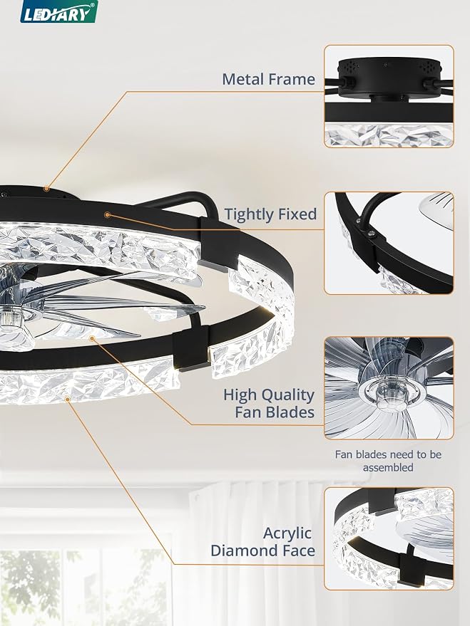 LEDIARY 24 Inch Low Profile Ceiling Fans with Lights and Remote, Flush Mount Fandelier Ceiling Fan, 3000K-6000K Dimmable LED Fan Light, Black Modern Ceiling Fans with Lights for Bedroom