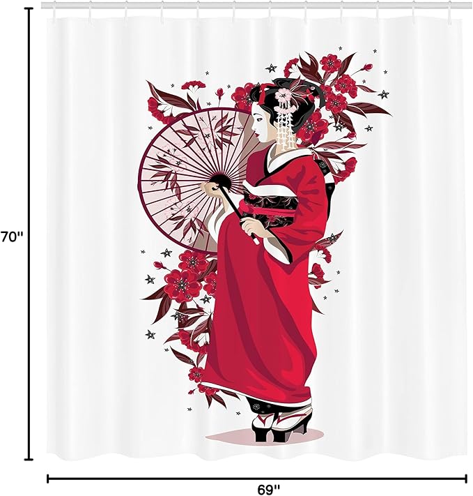 Ambesonne Japanese Shower Curtain, Lady in Kimono with Flowers and Umbrella Traditional Clothes Art, Cloth Fabric Bathroom Decor Set with Hooks, 69" W x 70" L, Fuchsia White