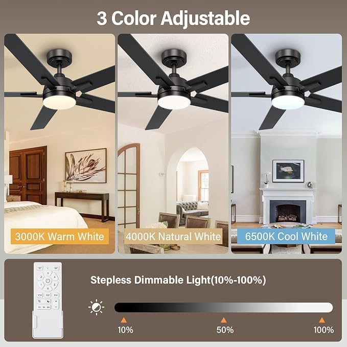 52 Inch Black Ceiling Fans with Lights and Remote, Low Profile 5 Blades Ceiling Fan with Downrods, Reversible, 3CCT, Dimmable, Noiseless for Living Room, Bedroom and Patio