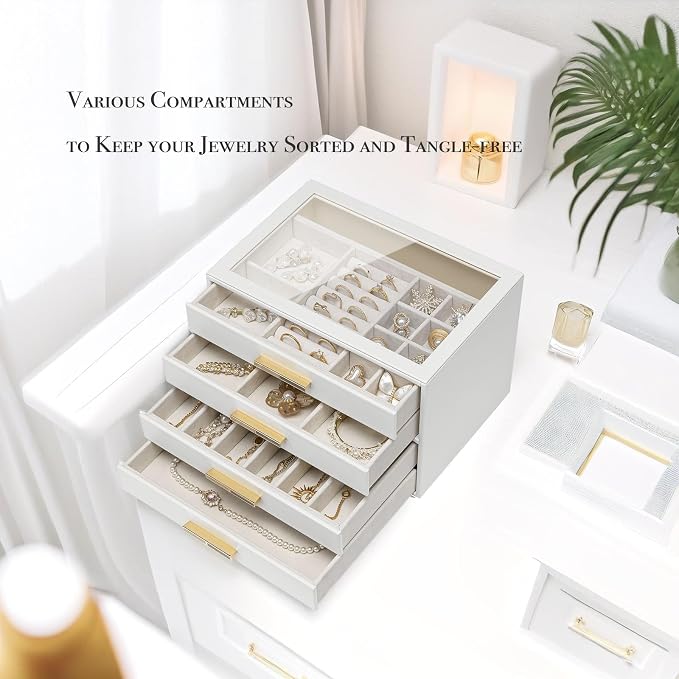 VLANDO 4-Drawer Jewelry Box with Glass Lid, Faux Leather Organizer for Rings Earrings Necklaces and More, Gift-Ready Jewelry Case for Women Girls or Moms, White