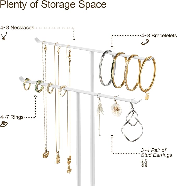 pickpiff Necklace Holder Jewelry Organizer Stand – 2‑Tier T‑Bar Jewelry Display Tree with Tray for Countertop Necklace Bracelet Earring Storage, Vanity Dresser Bathroom Sink, White