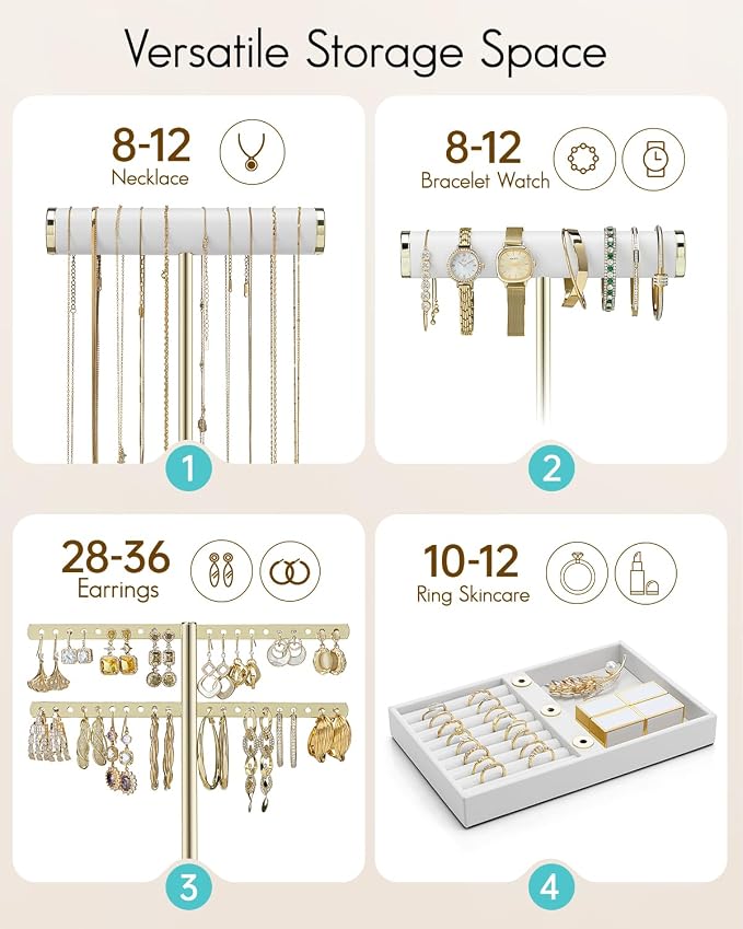 VLANDO 3 Tier Necklace Holder Organizer with Tray, Leather Bracelet Holder Display for Women, Gold Jewelry Stand for Bracelet, Necklace, Earrings, Rings - White