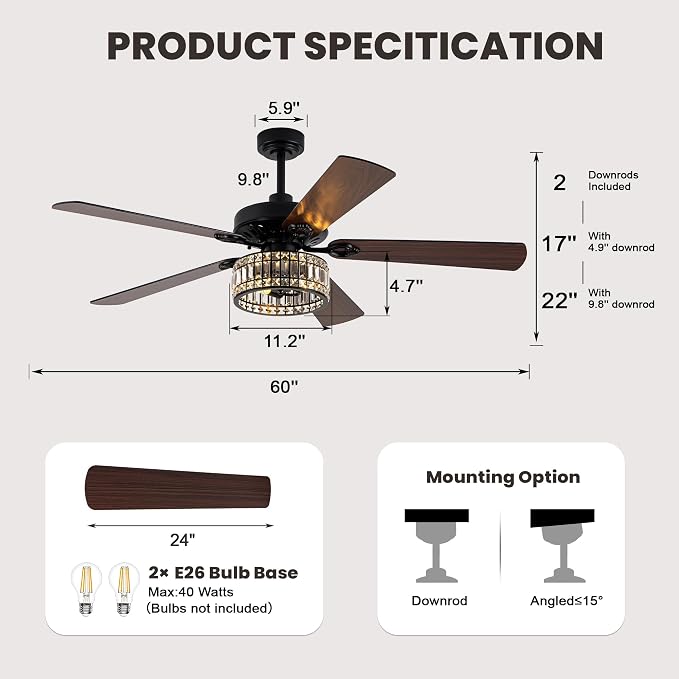 Dawn Whisper 60 Inch Crystal Chandelier Ceiling Fans with Lights Black Large Modern Ceiling Fans for Living Room Bedroom Quiet and Reversible DC Motor 6 Speeds Enegery Efficient