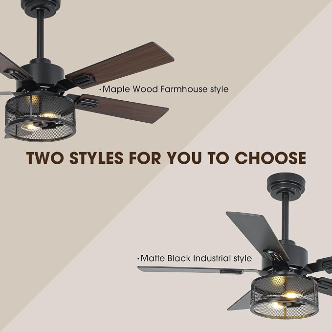 42" Farmhouse Ceiling Fan with Light and APP & Remote Control, 6-Speed Reversible Quiet DC Motor, Black Industrial Rustic Caged Ceiling Fan for Bedroom Apartment Patio, Timing Function