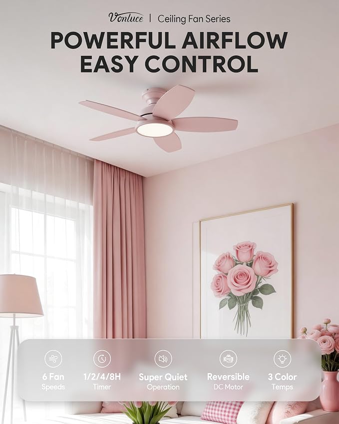 VONLUCE Ceiling Fans with Lights, 36 Inch Ceiling Fan and Remote, Full-spectrum LED Light, 3CCT, 6-Speeds Noiseless Reversible DC Motor, Modern Ceiling Fan for Bedroom Living Room Farmhouse, Pink