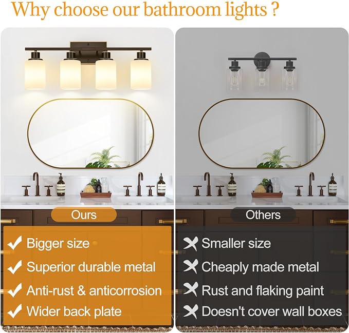 Indoi 4-Light Bathroom Light Fixtures, Oil-Rubbed Bronze Modern Vanity Lights with Milky White Shades, Bathroom Wall Lamp for Mirror Living Room Cabinet Bedroom Porch