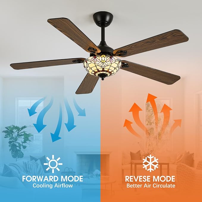 52" Tiffany Style Ceiling Fans with Lights, Vintage Chandelier Ceiling Fan with Stained Glass Shade, Dimmable LED, 6 Speeds Reversible for Bedroom (Red Dot)