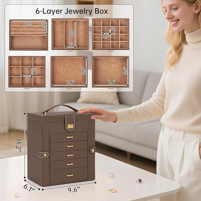 AKOZLIN 6-Tier Jewelry Box Organizer Functional 5 Drawers Leather Jewelry Storage Case for Women Girls Ring Necklace Earring Bracelet Holder Organizer with Mirror Medium Brown