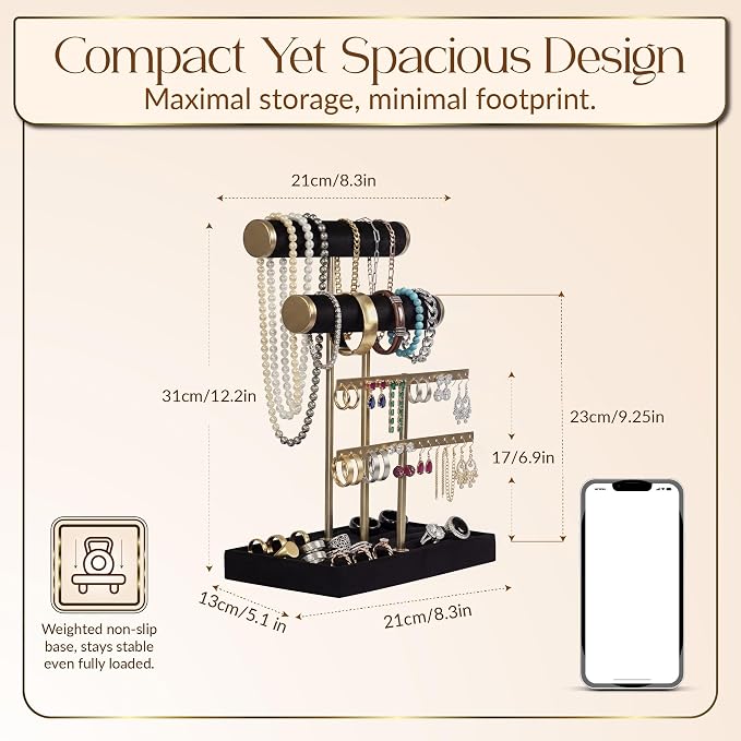 Jewelry Tower Stand Organizer for Women - Soft Touch Velvet Elegant Jewelry Holder Display with Necklace Holder, Earring Organizer & Bracelet Rack - Tabletop Stand for Dresser, Vanity, Desk - Black
