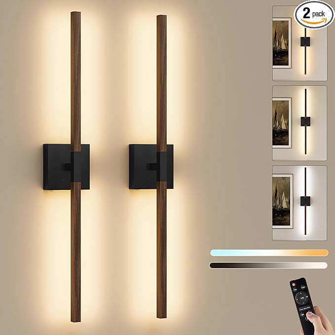 Rayogale Black Walnut Rechargeable Wall Sconce with Remote Control 40 Inch | 3000/4500/6000K Dimmable 8000mAh Wireless Battery Operated Wall Sconces Set of Two with Timer for Living Room, Bedroom, TV