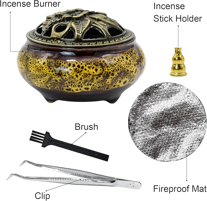 Ceramic Incense Burner with Lid, Incense Holder for Sticks Incense Cone Holder with Brass Incense Stick Holder for Yoga Meditation Home Decor (Fambe Yellow)