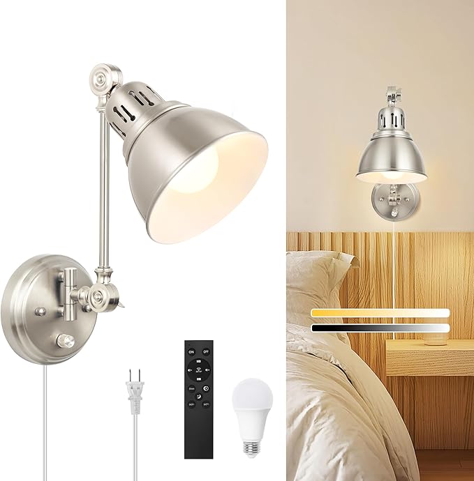 GOODATE 1 Pack Plug in Wall Sconce with Remote Control, Dimming, Adjustable Colors 2700K-6500K, Plug in Wall Light, Swing Arm Wall Lamp with Night Light & Timer, LED Bulb Included, Brushed Nickel