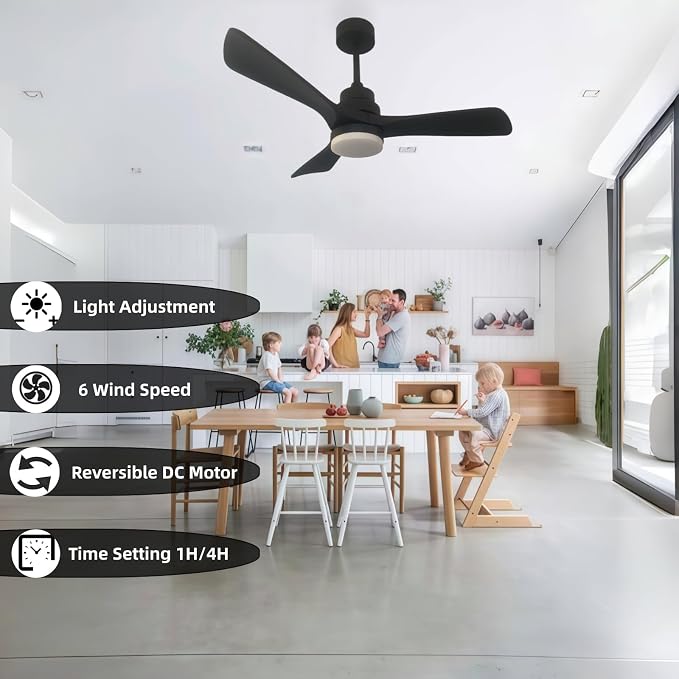 42-inch solid wood ceiling fan with light, black propeller ceiling fan, silent DC motor, suitable for bedrooms, living rooms, dining rooms, porches, indoor and outdoor use(Black, 42 inch)