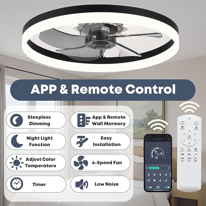FSZDORJ 20'' Ceiling Fan with Light and Remote, Low Profile Ceiling Fan with Light, Dimmable Flush Mount Ceiling Fan Light, 6 Speeds Fan, App&Remote Control, Fandelier Quiet Fan for Bedroom F115 White