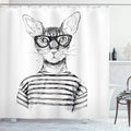 Ambesonne Cat Shower Curtain, Hand Drawn Dressed up Hipster New Age Cat Fashion Urban Free Art Print, Cloth Fabric Bathroom Decor Set with Hooks, 69" W x 75" L, Gray White