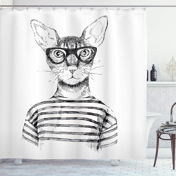 Ambesonne Cat Shower Curtain, Hand Drawn Dressed up Hipster New Age Cat Fashion Urban Free Art Print, Cloth Fabric Bathroom Decor Set with Hooks, 69" W x 84" L, Gray White