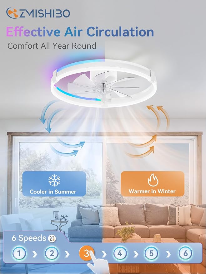 ZMISHIBO RGB Ceiling Fans with Lights and Remote, 23 inch Low Profile Ceiling Fan with Light, 3000K-6000K Dimmable & RGB, Modern Fandelier Flush Mount Ceiling Fan, Small LED Fan for Bedroom