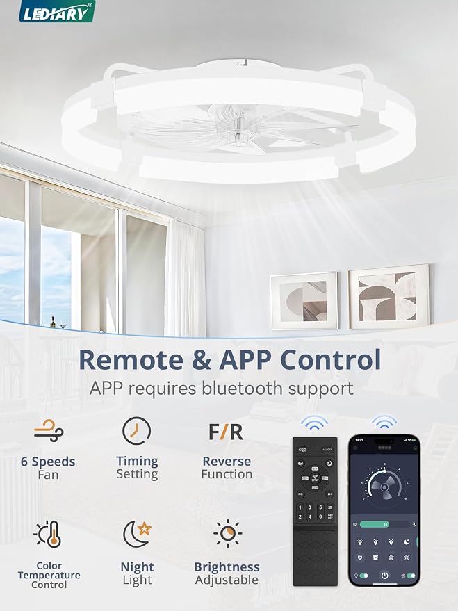 LEDIARY 24" Ceiling Fans with Lights and Remote, Modern Low Profile Ceiling Fan, 3 CCT, Stepless Dimmable, Fandelier Flush Mount Fan Light, 6 Speeds, DC Motor, App & Remote Control for Bedroom(White)