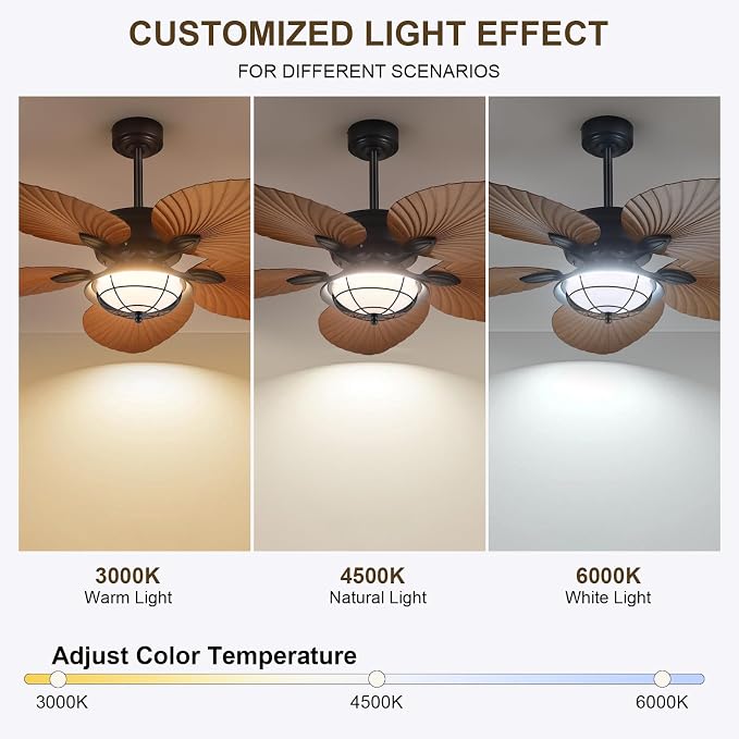 52"Waterproof Outdoor Palm Leaf Ceiling Fans with Lights and Remote/APP | IP44 Wet-rated,Reversible 6 Wind Speeds,Dimmable 3CCT LED,40W Quiet DC Motor,1/4/8H Timer,Suits for Living Room Bedroom Patio
