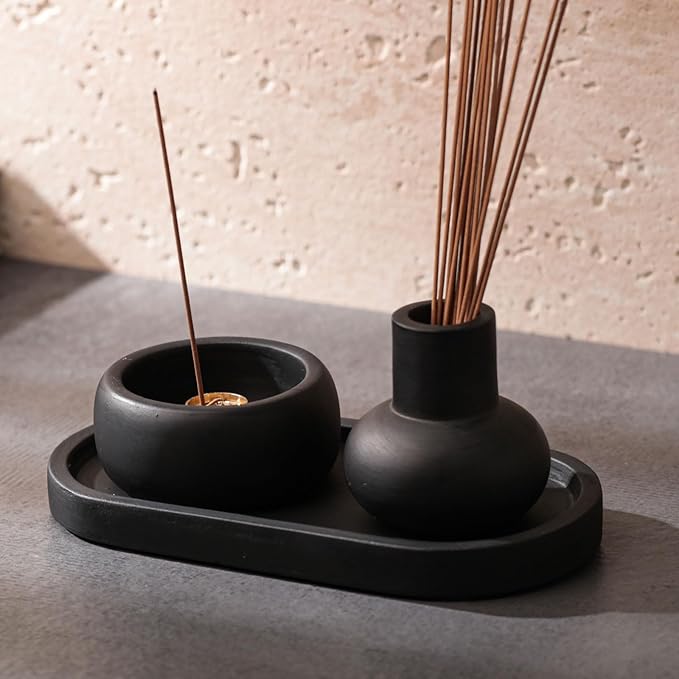 Concrete Incense Burner Set with Holder and Tray,Multifunction Incense Holder for Burning Sage,Palo Santo,Incense Sticks,Ideal for Meditation Home Decor(Black)