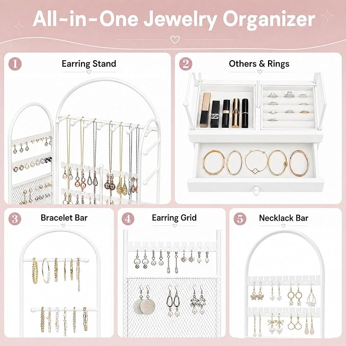 Jewelry Holder, Jewelry Storage Organizer Stand with Velvet Tray & Drawer, Earring Holder & Necklace Display, Multi-section Storage for Necklace, Earrings, Rings, Bracelets, Watches, Gift Idea