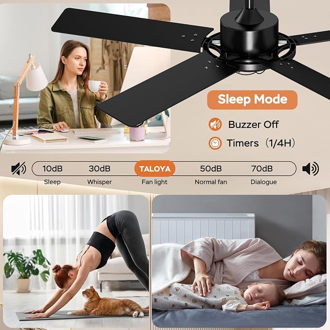TALOYA 52 Inch Ceiling Fans with Lights and Remote Flush Mount Low Profile for Living Room Farmhouse Bedroom Patio Outdoor Dining Room,DC Motor,Reversible,Buzzer Mute,Dimmable Led Light,Rustic,Black