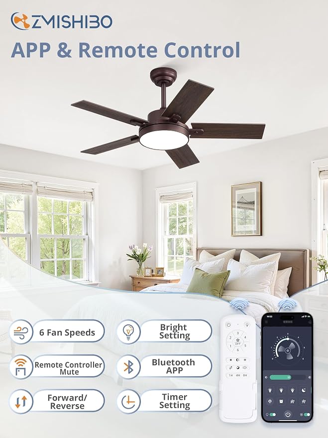 ZMISHIBO 42" Ceiling Fans with Lights, Smart Remote/APP Control, Farmhouse Ceiling Fan with 6 Speeds & 3CCT, Dimmable 30W LED, Quiet DC Motor, Noiseless for Living Room, Bedroom, Kitchen, Oil Bronze