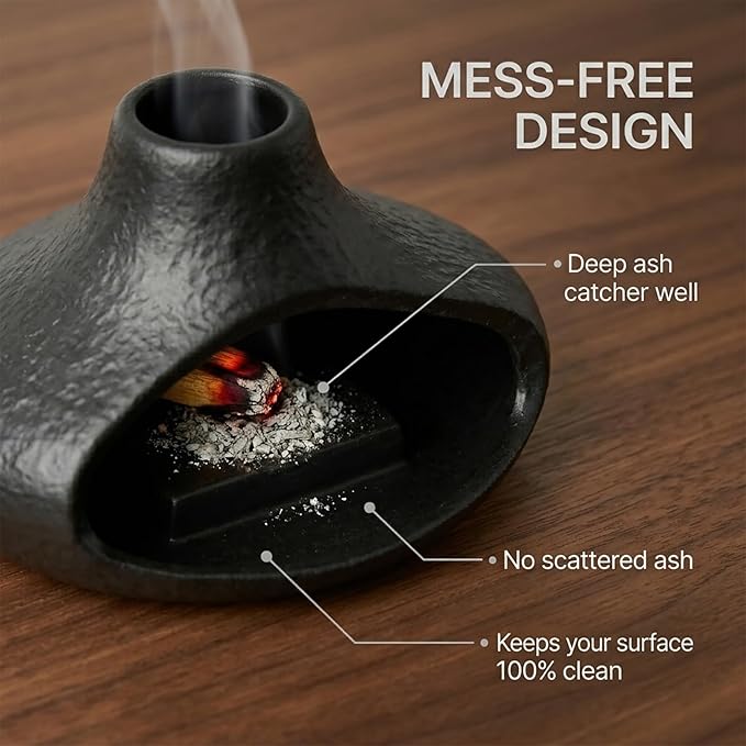 Matte Black Palo Santo Holder with Chimney Design, Ceramic Incense Burner with Ash Catcher, Mess-Free for Smudging, Meditation & Relaxation, Volcano Style Aesthetic Home Decor Gift