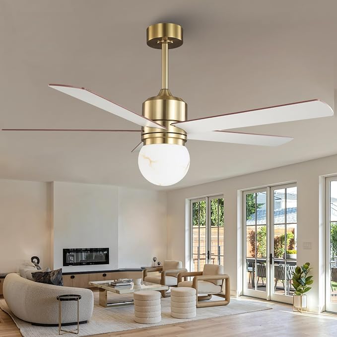 52 Inch Ceiling Fan with Light and Remote, Indoor & Outdoor Brushed Gold Ceiling Fan for Living Room Garage, Quiet DC Motor, Timer, 6 Speeds
