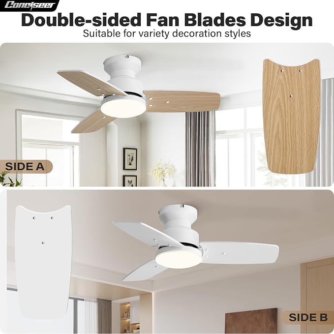 30 Inch Ceiling Fans with Lights and Remote, Bedroom Living Room Office, Flush Mount, 6CCT Dimmable, Dual Color 3 Blades 6 Speed Reversible Quiet DC Motor, White/Wood Grain