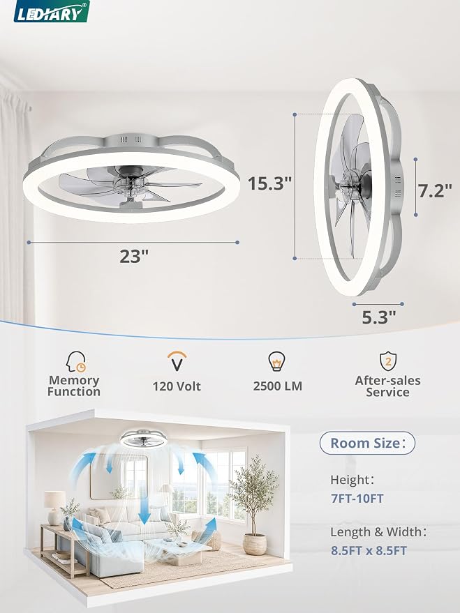 LEDIARY 23 Inch Ceiling Fans with Lights and Remote for Bedroom, Grey | Low Profile Flush Mount Ceiling Fan, Dimmable Modern Fan Light (3000K-6000K), 6 Speed, Reversible, APP & Remote Control