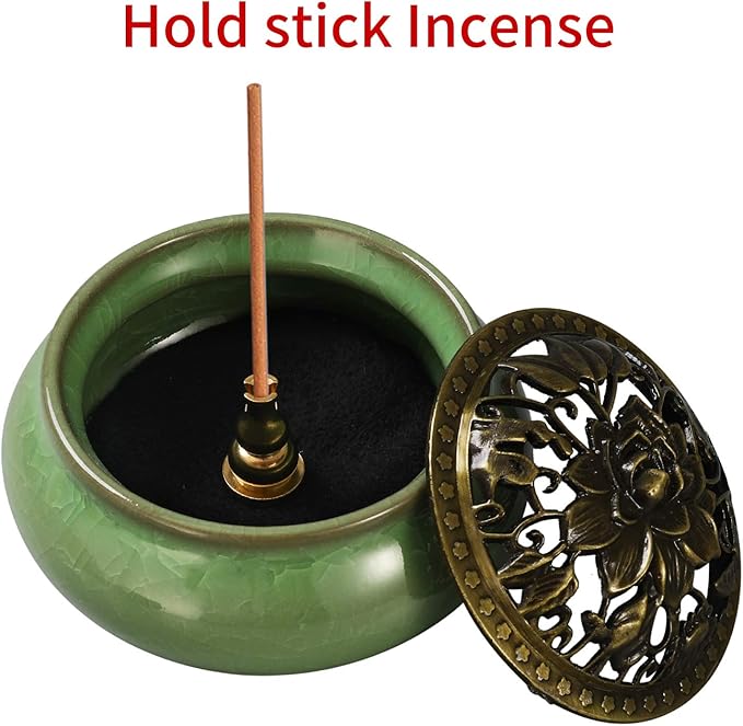 Miupoo Stick Incense Burner and Cone Incense Holder with Brass Incense Stick Holder Ceramic Ash Catcher (Light Green)
