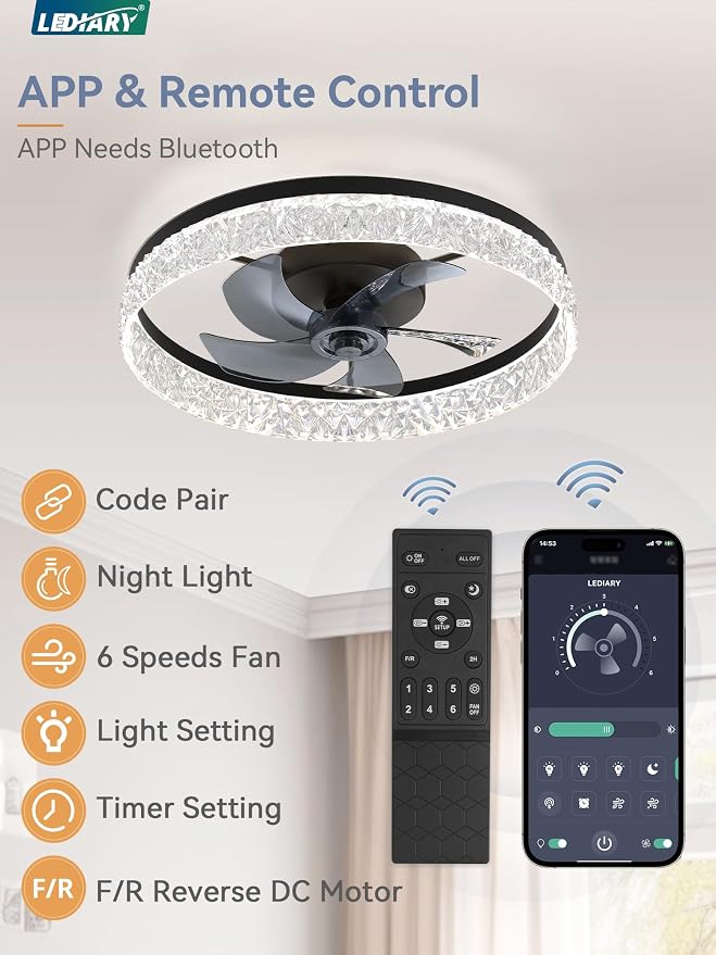 LEDIARY 22 Inch Ceiling Fans with Lights and Remote, Fandelier Low Profile Ceiling Fan, 3000K-6000K Dimmable Flush Mount LED Fan Light, Black Modern Ceiling Fans with Lights for Bedroom