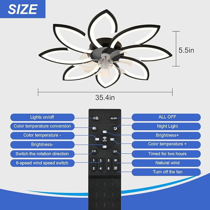 35" Geometric Ceiling Fan with Light Remote Control, 6 Speeds 3 Colors, Black Low Profile Flush Mount Ceiling Fan for Kitchen Bedroom Living Room
