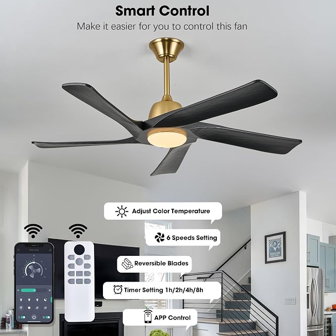 52 Inch DC Ceiling Fan with Light, 5 Solid Wood Blades, Remote and APP Control, 3-color Dimmable, 6-speed Reversible, Noiseless Ceiling Fan for Bedroom, Living Room, Black Gold