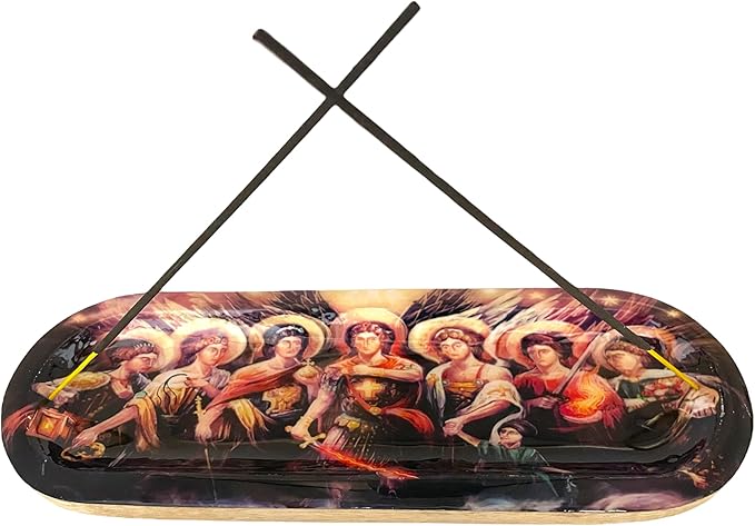 Govinda - Incense Burner Stick Holder Ash Catcher Wooden Handmade Modern Gift Wood Home Decor Size 12 X 4 Inches, OM Design (7 Archangels)