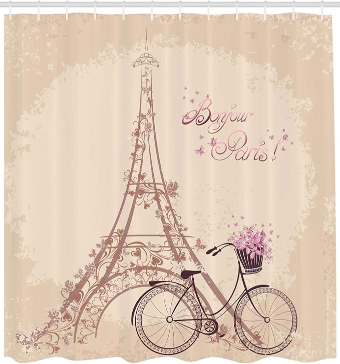 Ambesonne Paris Shower Curtain, Bonjour Paris Eiffel Tower and Vintage Bicycle with Flowers Retro Soft Color Print, Cloth Fabric Bathroom Decor Set with Hooks, 69" W x 70" L, Cream Pink