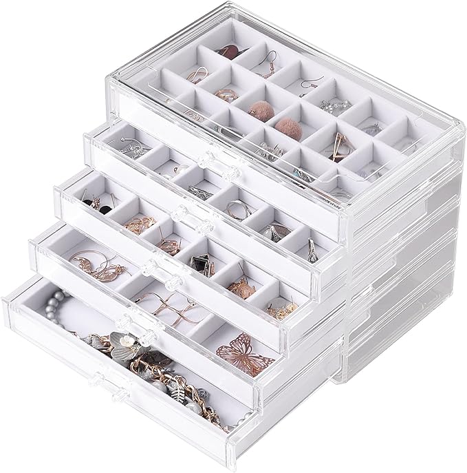 Frebeauty Acrylic Jewelry Organizer Earring Organizer Box with 5 Drawers Earring Holder Organizer with Velvet Trays Clear Jewelry Box for Women Earring Display for Rings Studs(White) | 61 Jewelry Storage Grid for Rings Studs Bracelet,Velvet Lining,Tran...